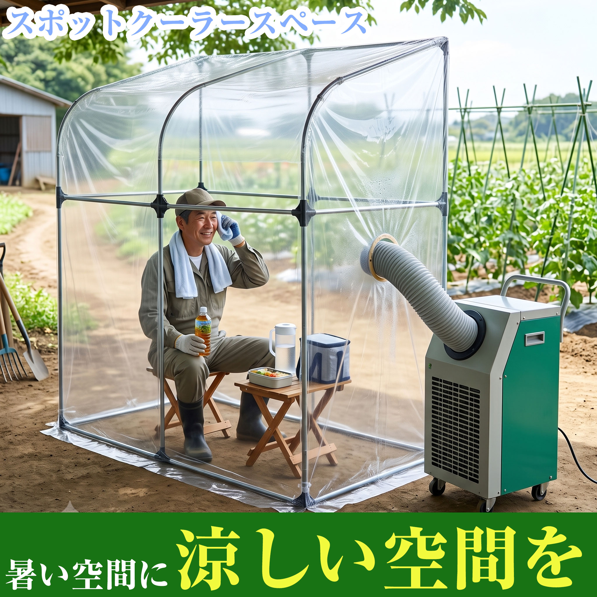 暑さが厳しい工場・倉庫・建設現場・イベント会場などで活躍する、南栄工業製「スポットクーラースペース SCS214T」。 スポットクーラーの冷風をブース内へ取り込み、少人数用の簡易冷却室として利用できます。 限られた空間を効率よく冷却することで、作業中のクールダウンや熱中症対策に最適です。スポットクーラーの冷気を閉じ込めることで冷却効率を高め、夏場の過酷な環境でも快適な休憩スペースを確保できます。 さらに冬場は温室休憩所や簡易温室としても使用でき、オールシーズン活躍します。 【おすすめ用途】 工場・製造現場 建設現場 倉庫 イベント会場 屋内作業場 熱中症対策 仮設休憩所