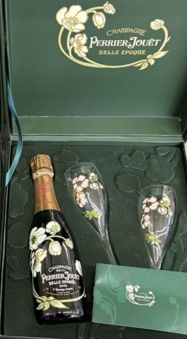 2000 Perrier Jouet Belle Epoque Brut ペリエ ジュエ ベル エポック ブリュット Champagne France シャンパーニュ フランス 375ml 12%　グラス2脚付 ギフトボックス入り 限定セット 記念日 インスタ映え 高級シャンパン キャバクラ ホスト お祝い 正月 母の日 父の日