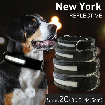 【Angel】エンジェル New York REFLECTIVE 20インチ 首輪 犬 本革 ステンレス オイルドハーネスレザー 小型 子犬 大型 中型 高級 反射板 安全 夜 シンプル 錆びにくい