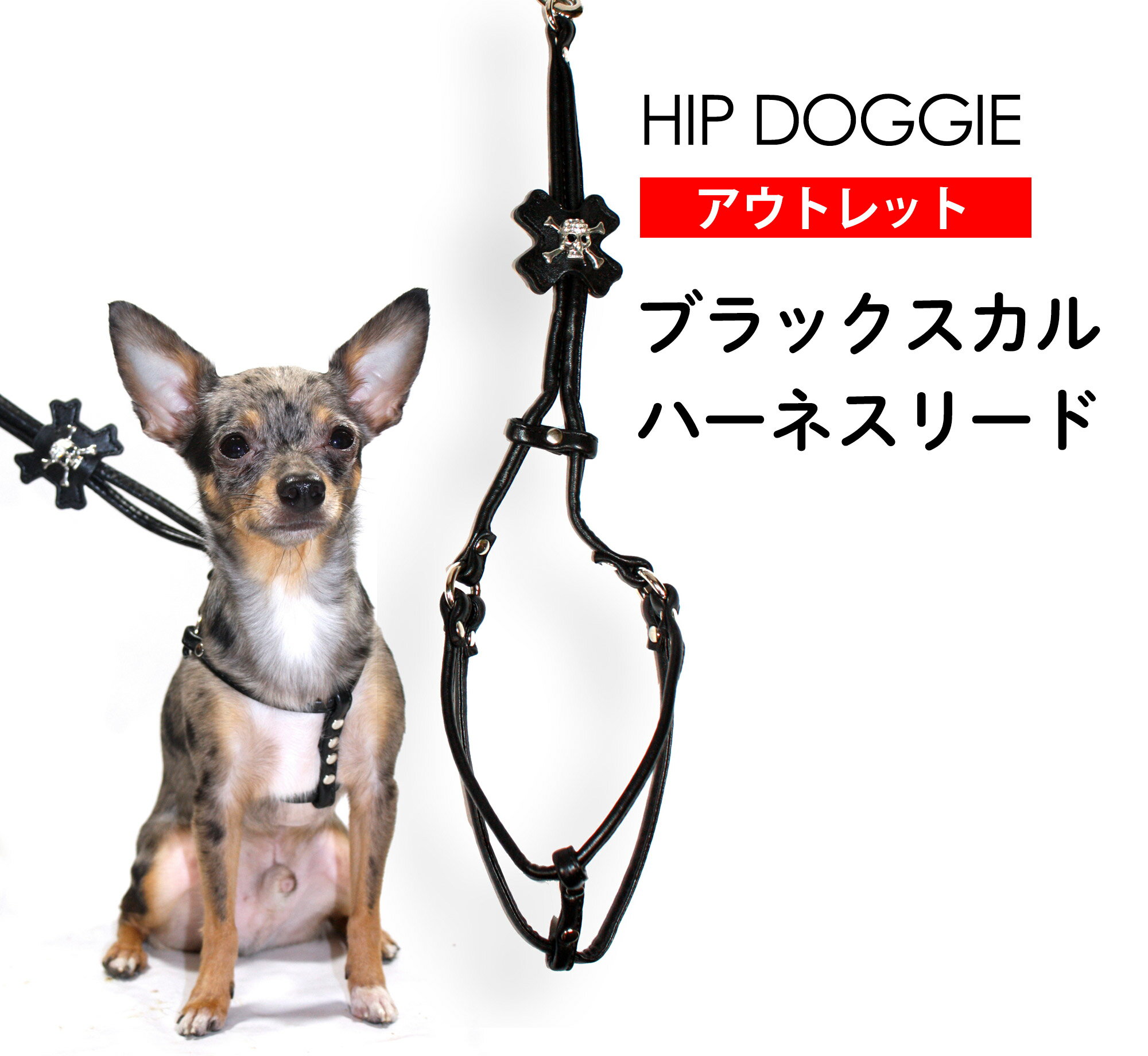 【HIP DOGGIE】定形外郵便可！訳ありアウトレット スカルハーネスリード BLACK SKULL STEP-IN LEASH XXS-M 犬 リード ハーネス 服 小型 子犬 中型 flower 無地 シンプル カラフル 水玉 かわいい スカル ガイコツ ドクロ どくろ イミテーションダイヤ ラインストーン