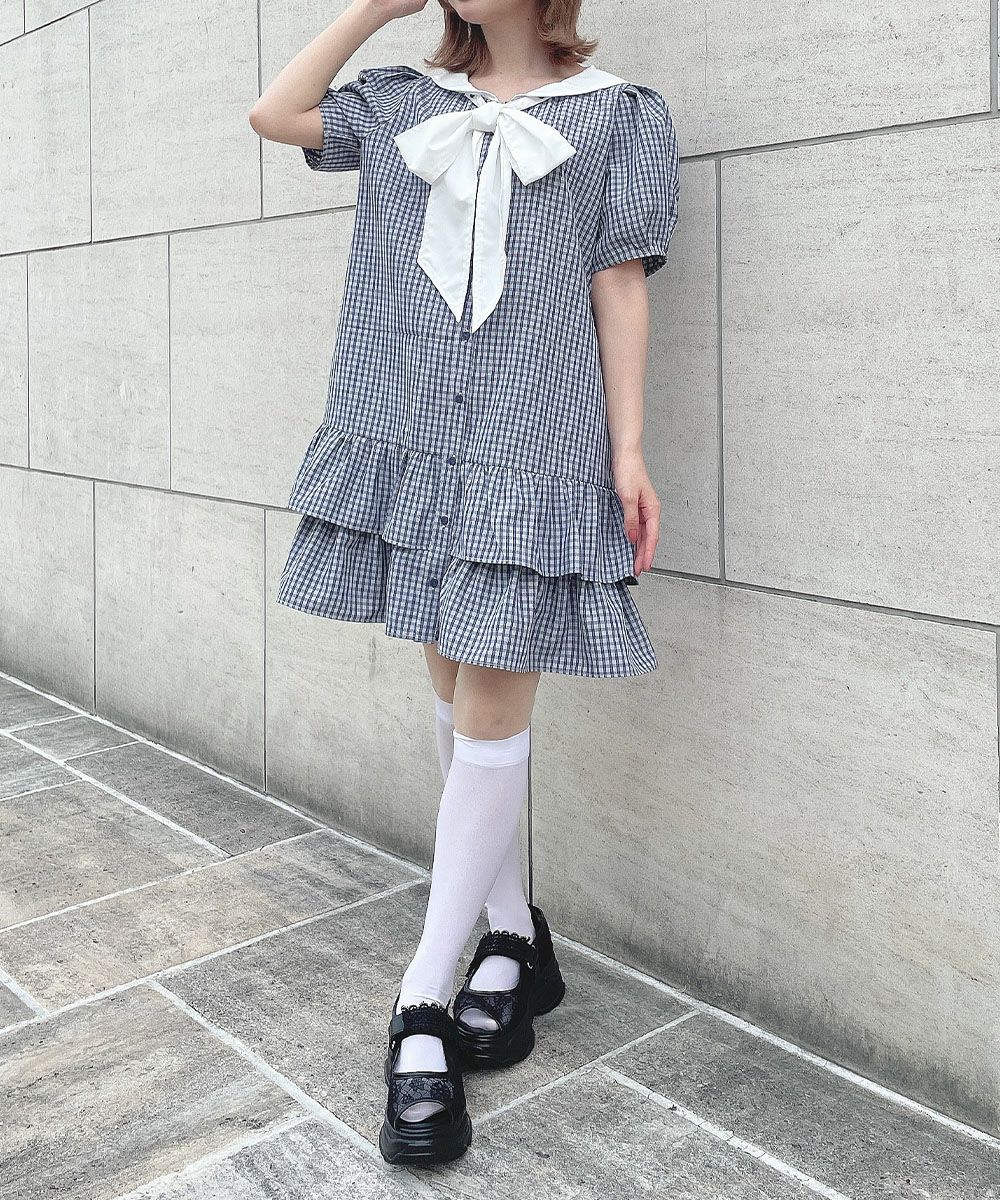 【SALE】ワンピース ローウエスト セーラー チェック シャツ 半袖 ミニ ワンピース / レトロ カジュアル ガーリー 上品 きれいめ 春 夏 F i.n.t Fint フィント [54AE02g016] fintstore-10000425 F i.n.t サンプル画像2
