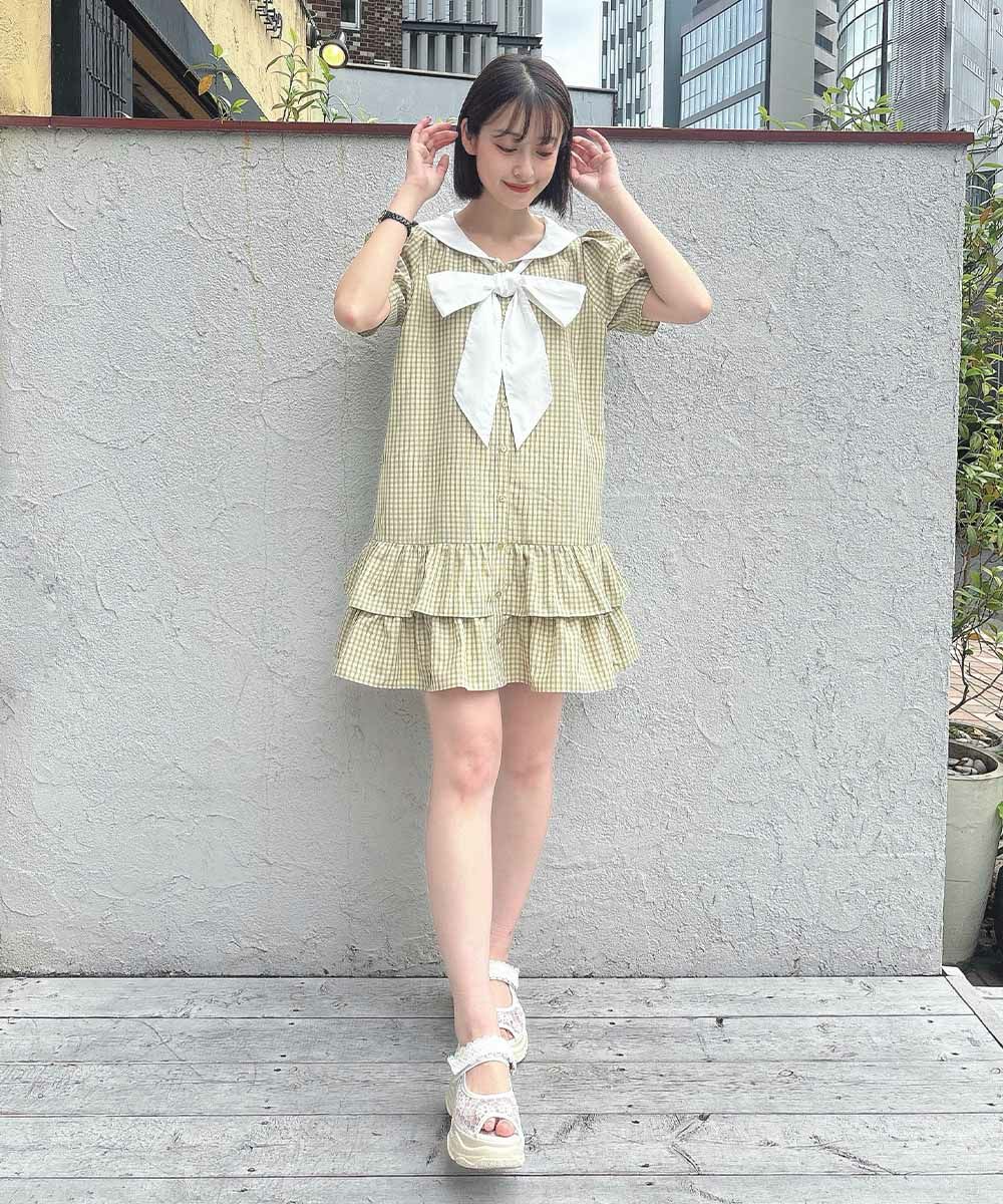 【SALE】ワンピース ローウエスト セーラー チェック シャツ 半袖 ミニ ワンピース / レトロ カジュアル ガーリー 上品 きれいめ 春 夏 F i.n.t Fint フィント [54AE02g016] fintstore-10000425 F i.n.t サンプル画像3