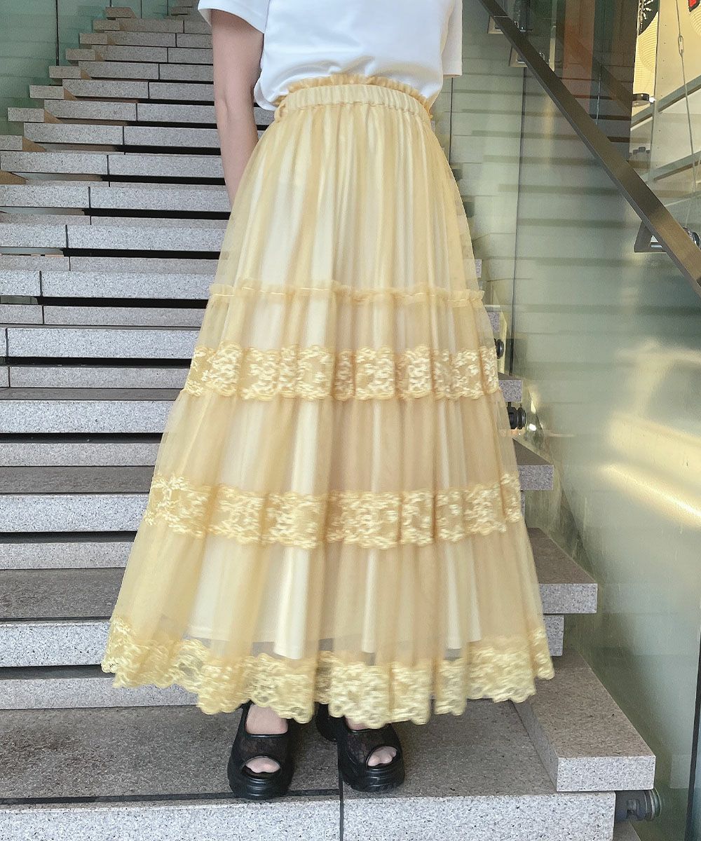 【P10倍】 an another angelus【洗える/5色展開】レース 切替 チュール ティアード スカート / アンアナザーアンジェラス [54BG03q013]