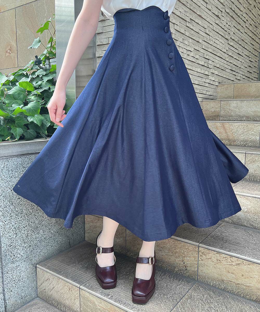 【P10倍】 an another angelus 【洗える】ハイウエスト スカラップ デニム ライク フレアー スカート /..