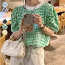 チドリ柄サマーニット レディース 夏服 半袖 パフスリーブ ラウンドネック ニットトップス 千鳥格子柄 韓国プルオーバー カジュアル 五分袖ニットソー レトロ 春秋夏 大人ニットセーター ジャカード ニット トップス可愛い(4)