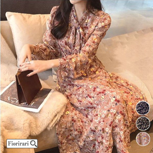 ワンピース レディース おしゃれ フラワープリント ロングワンピース レトロ風 秋 長袖ワンピース きれいめ リゾートワンピ韓国 秋ワンピ体型カバー ワンピ カジュアル シフォンワンピ新作