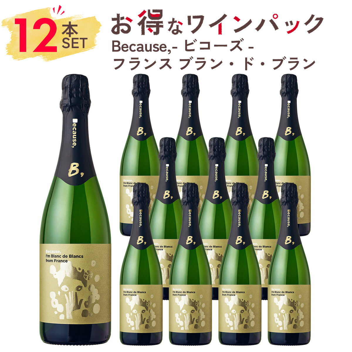 フランスワイン 【12本まとめ買い】1本あたり、1765円！ワイン セット スパークリングワイン Because, ビコーズ フランス ブラン・ド・ブラン 12本パック シャルドネ ギフト お祝い おすすめ パーティー 定番 フィラディス