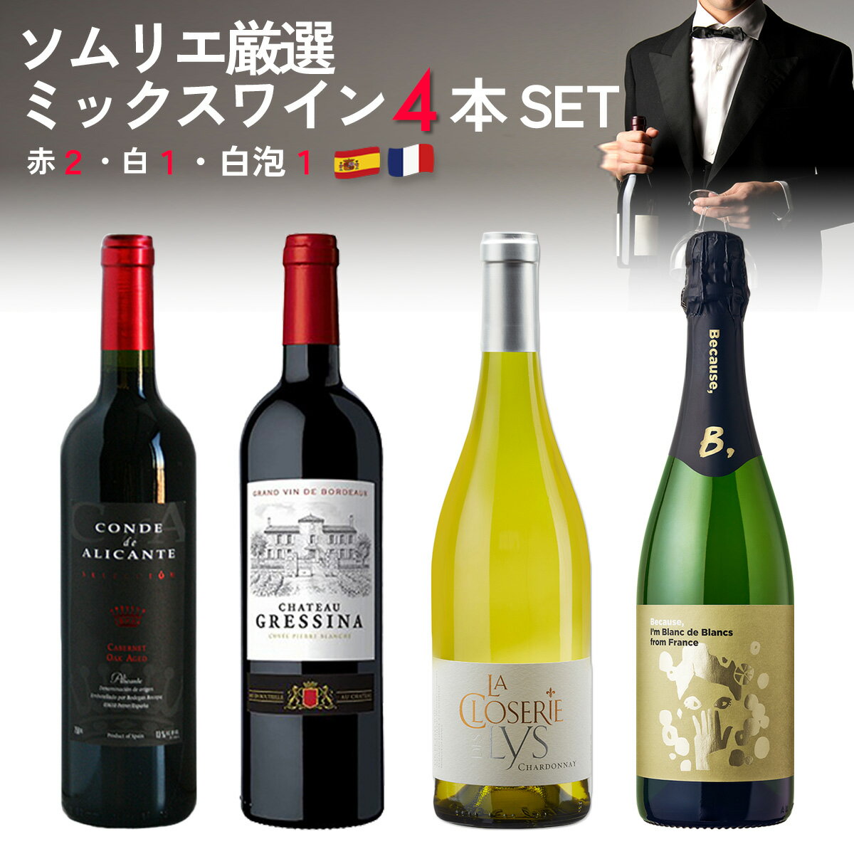 楽天Firadis WINE CLUB 楽天市場店【送料無料】ワイン セット【お得ワイン】ソムリエ厳選「バラエティ ワイン 4本 入り」 赤 白 紅白 白泡 スパークリング ワイン フランス スペイン まとめ買い ギフト お祝い おすすめ パーティー 定番 フィラディス