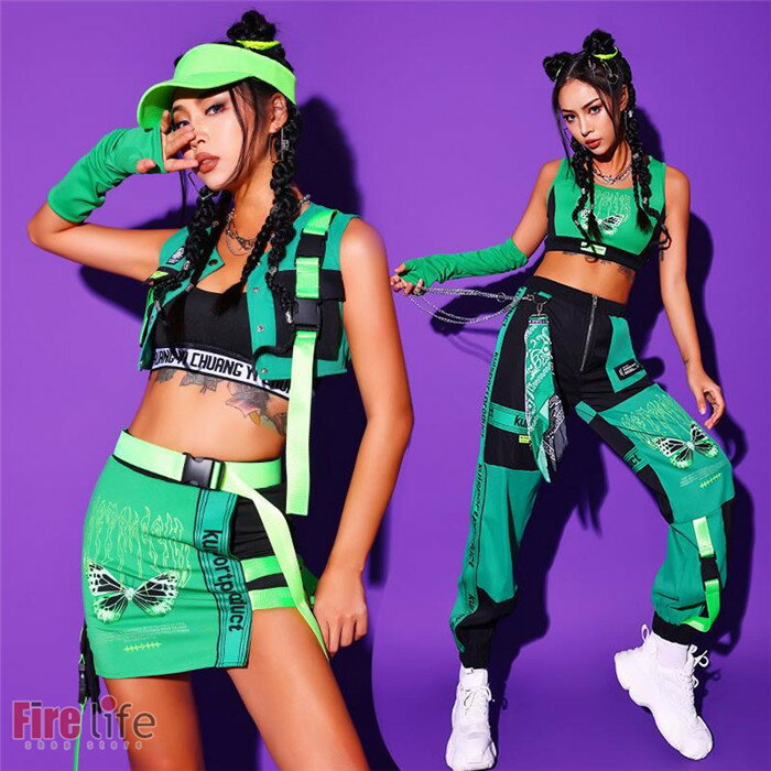 Rakuten - 大人ダンス衣装 レディース グリーン カーゴパンツ トップス セットアップ hiphop jazz K-POP ジャズダンス ミニ丈 セクシー 送料無料