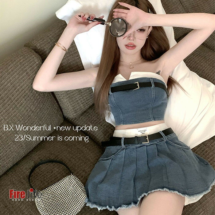 Rakuten - デニムトップス チューブトップ デニムスカート かわいい 夏 jazz K-POP ジャズダンス 韓舞