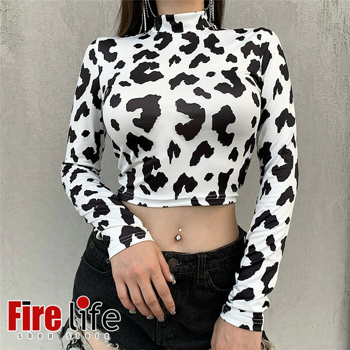 ダンストップス レディース 乳牛柄 総柄 派手Tシャツ 長袖 tシャツ カットソー K-POP jazz 細身 着痩せ スタイルいい 春秋 へそ出し ショート丈