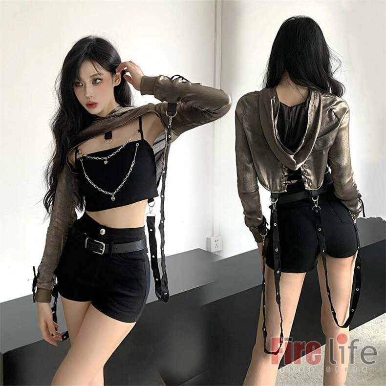 大人ダンス衣装 レディース フード付パーカー へそ出し キャミソール ショート丈パンツ ガールズグループ DS ステージ衣装 原宿風 ヒッ..