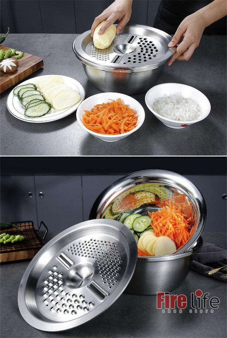 野菜調理器セット3点セット ステンレス鋼 野菜カッター おろし器 水切り 米とぎ ザル 千切り スライサー ボウル 5in1 直接加熱可能 便利 キッチン用品 ステンレス製 キッチン雑貨 送料無料 即納 firelife-10004161 ファイアライフ楽天市場店 サンプル画像2