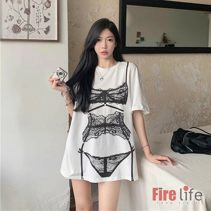 個性Tシャツ レディース ワンピース レースビキニ プリント半袖tシャツ 薄手 夏 シンプル ゆったり 美式 砂浜 部屋着