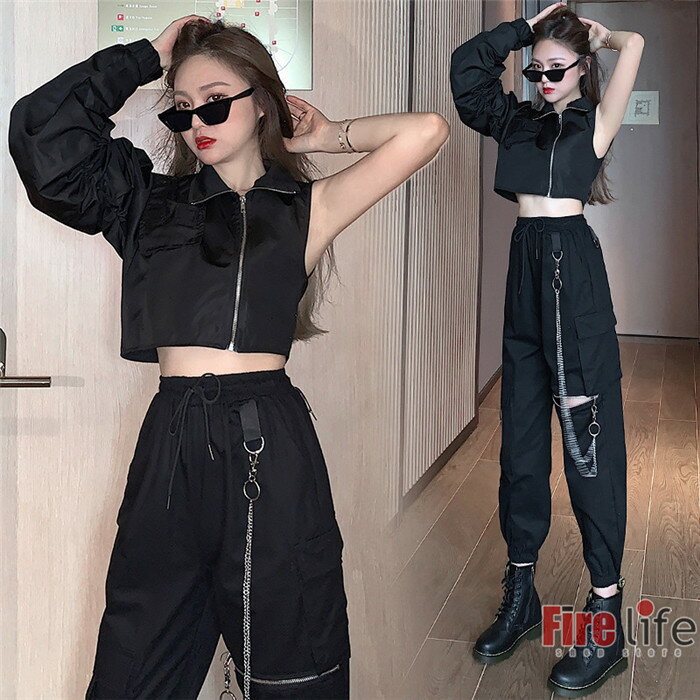 Rakuten - 大人ダンス衣装 レディース 片袖トップス カーゴパンツ ブラック 原宿風 ヒップホップ hiphop 単品/セット 送料無料