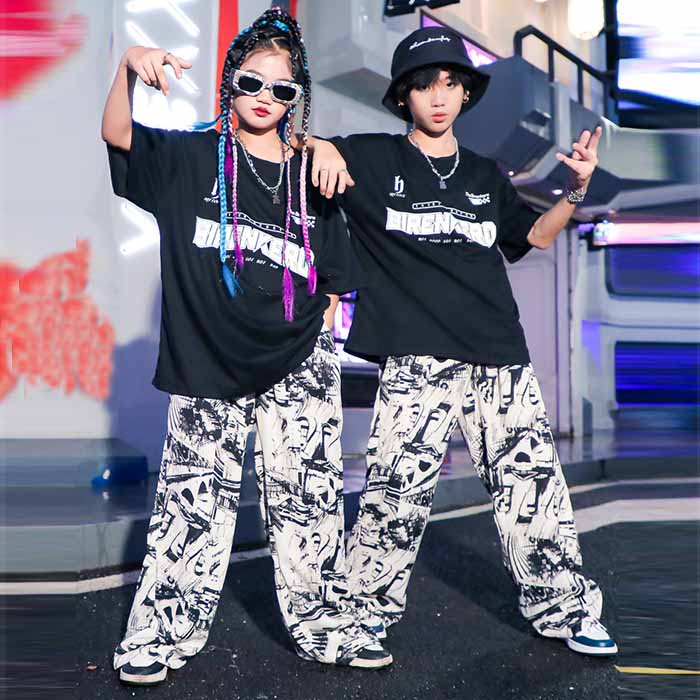 キッズダンス衣装 半袖Tシャツ ブラック ロングパンツ HIPHOP 男の子 女の子 ヒップホップ ジャズダンス 暗黒 ステージ衣装 K-POP 120〜180cm