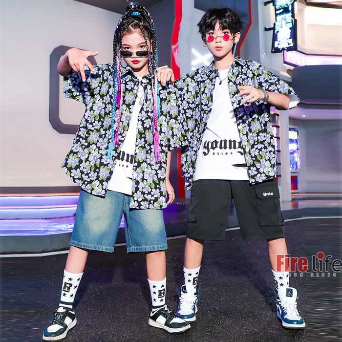 キッズダンス衣装 半袖シャツ 花柄 ハーフパンツ HIPHOP 男の子 女の子 ヒップホップ デニムパンツ カ..
