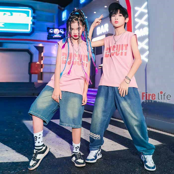 Rakuten - キッズダンス衣装 ピンク 袖なし Tシャツ デニムパンツ HIPHOP 男の子 女の子 ヒップホップ ジャズダンス ステージ衣装 K-POP 120〜180cm