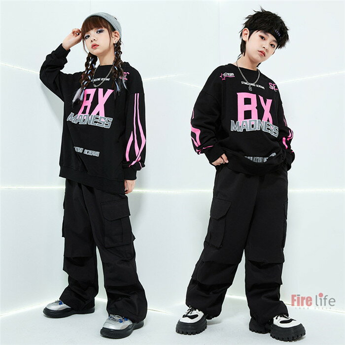 キッズダンス衣装 長袖Tシャツ パーカー ロングパンツ 派手 ピンク＋ブラック hiphop ダンス衣装 イベント 男の子 女の子 ヒップホップ jazz 120～180cm