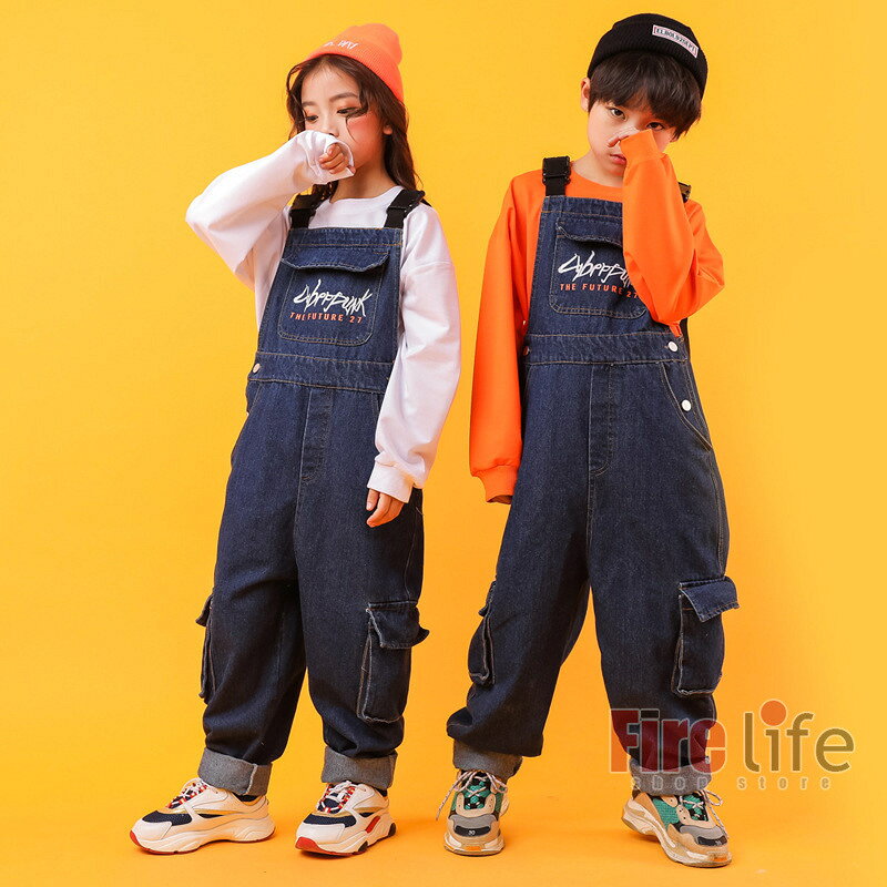 ファイアライフ楽天市場店のキッズダンス衣装 オーバーオール デニム つなぎ ヒップホップ Tシャツ 子供服 オレンジ ホワイト 団体服 イベント ステージ衣装 韓国 ストリート 男の子 女の子 hiphop K-POP jazz　110〜180cm 送料無料｜アングル2