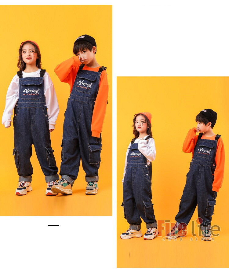 ファイアライフ楽天市場店のキッズダンス衣装 オーバーオール デニム つなぎ ヒップホップ Tシャツ 子供服 オレンジ ホワイト 団体服 イベント ステージ衣装 韓国 ストリート 男の子 女の子 hiphop K-POP jazz　110〜180cm 送料無料｜アングル3