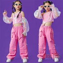 キッズダンス衣装 セットアップ スパンコール 肩出し オフーショルダー 網 カーゴパンツ へそ出し ピンク 女の子 ヒップホップ ジャズ 子供 派手 派手 K-...
