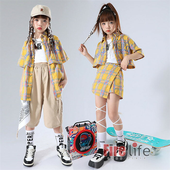 ファイアライフ楽天市場店のキッズダンス衣装 チアガール チェック柄シャツ ガールズ 子供服 派手 ヒップホップ カーキ 白短パン ショート丈 シャツ 応援着 ストリート系 ダンス発表会 団体服 ジャズ 韓国 ステージ衣装 110〜180cm 送料無料｜アングル2