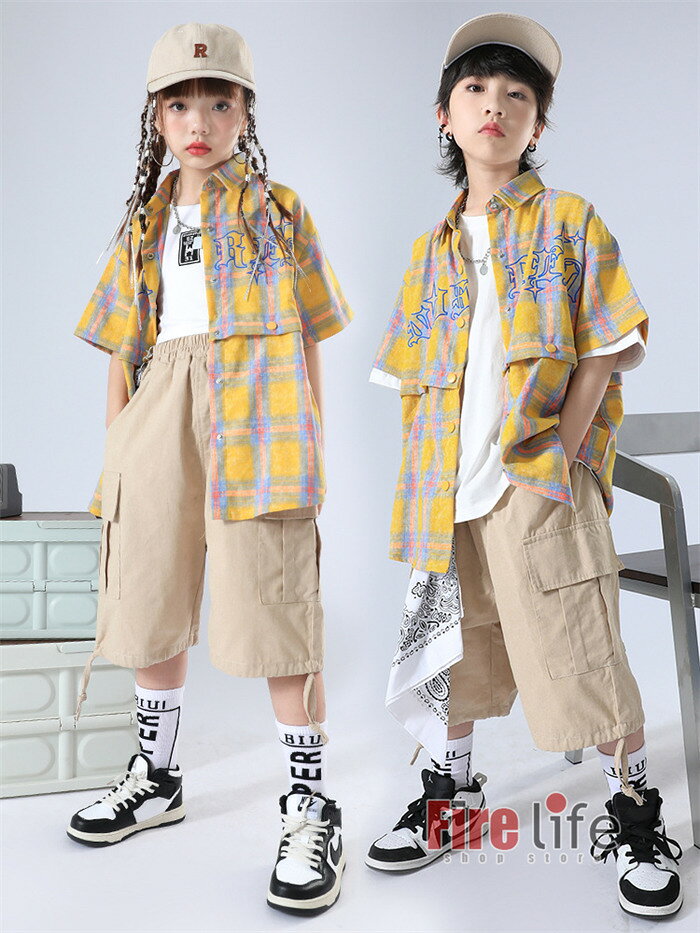 ファイアライフ楽天市場店のキッズダンス衣装 チアガール チェック柄シャツ ガールズ 子供服 派手 ヒップホップ カーキ 白短パン ショート丈 シャツ 応援着 ストリート系 ダンス発表会 団体服 ジャズ 韓国 ステージ衣装 110〜180cm 送料無料｜アングル3