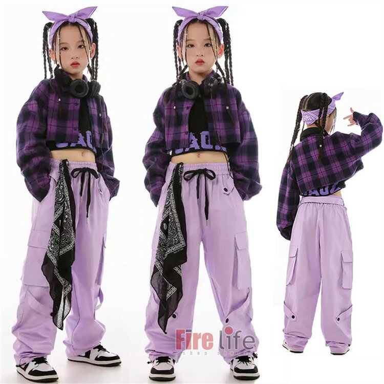 Rakuten - キッズダンス衣装 ヒップホップ 女の子 チアガール へそ出し ショートジャケット カーゴパンツ ゆったり 演出服 パープル ジャズダンス k-pop 舞台 ステージ衣装 練習着 運動会 ジュニア チームダンス 韓国 子供服 120/130/140/150/160/170cm