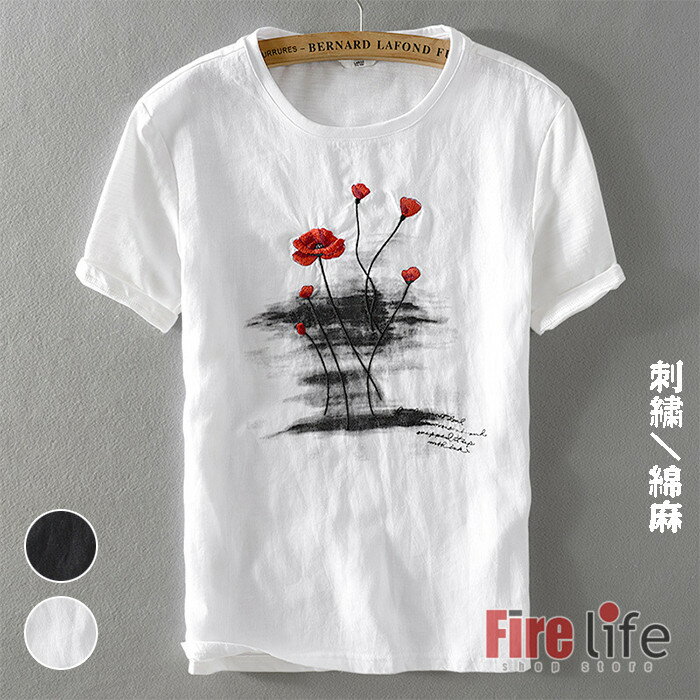 Rakuten - Tシャツ メンズ 綿麻tシャツ リネンtシャツ 半袖 トップス 刺繍 バラの花 送料無料 M~3XL