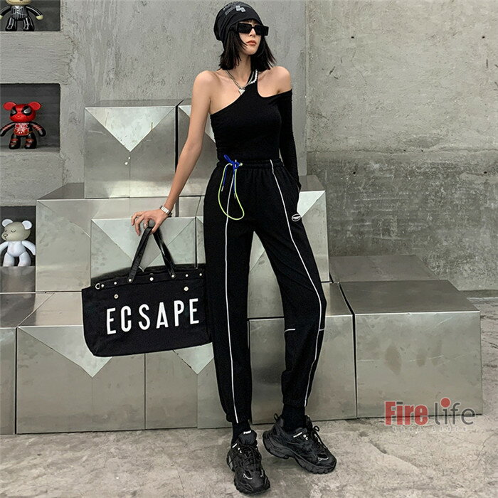 Rakuten - ダンスパンツ 反射付き 片袖トップス レディース ヒップホップ hiphop ジャズダンス 暗黒 K-POP カッコいい セクシー black ブラック