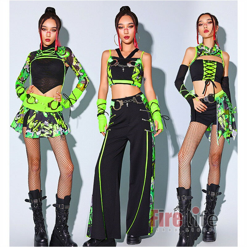 レディース 大人 ダンス衣装 ジャズダンス グリーン 緑黒 短パン ロングパンツ へそ出し 応援団 DS ダンス 舞台衣装 セットアップ DJ イベント k-pop衣装 団体 切り替え オシャレ セクシー 韓国ダンス