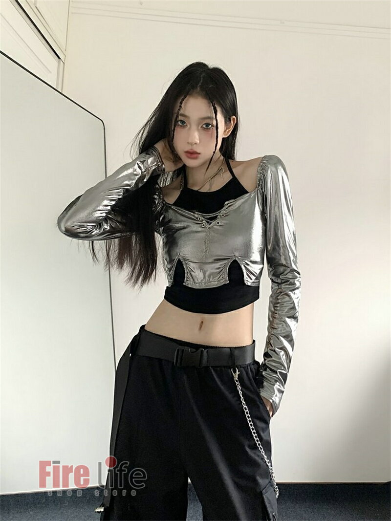 大人ダンス衣装 レディース 長袖 へそ出し 銀色 ブラック 3タイプ カーゴパンツ プリーツスカート 単品 セットアップ ヒップホップ ジャズダンス k-pop衣装 Hiphop 個性 イベント ダンスチーム 団体服 応援団 発表会 S M L XL　送料無料