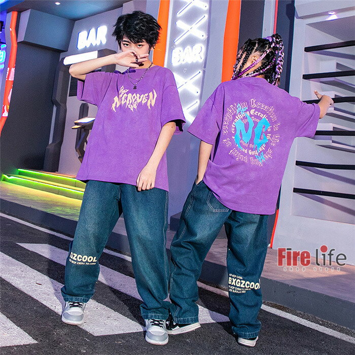 Rakuten - キッズダンス衣装 パープル Tシャツ 半袖 HIPHOP 男の子 女の子 ヒップホップ ジャズダンス 派手 ステージ衣装 練習着 演出服 舞台 K-POP 120〜180cm 送料無料