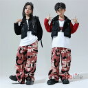 キッズダンス衣装 迷彩柄 派手 ヒップホップ セットアップ 黒ベスト 長袖Tシャツ 黒レッド 迷彩パンツ 運動着 練習着 団体服 応援団 男の子 女の子 HIPHOP K-POP おしゃれ 演出服 ステージ衣装 110〜180cm 送料無料