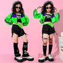 キッズダンス衣装 セットアップ チアガール グリーン 蛍光緑 ジャケット インナー ショートパンツ ヒップホップ レッグウォーマー 女の子 ダンスウェア K-P...