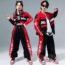 キッズ ダンス 衣装 子供服 派手 セットアップ ジャケット へそ出し インナー ロングパンツ 長袖Tシャツ ヒップホップ 赤黒 男の子 女の子 ダンスウェア ...