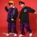 キッズ ダンス衣装 ヒップホップ 子供服 ダンスウェア 韓国 格子柄 紫黒 ベスト Tシャツ カーゴパンツ 派手 カジュアル 演出 個性的 男の子 女の子 発表会　ステージ衣装110〜180cm