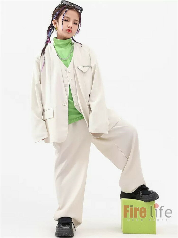サイズ キッズダンス衣装 子供服 hiphop ヒップホップ　スーツセット シャツ ホワイト 緑Tシャツ ダンスウェア ヒップホップ 韓国 女の子 発表会 イベント 舞台 個性的110-180cm：ファイアライフ店 によって