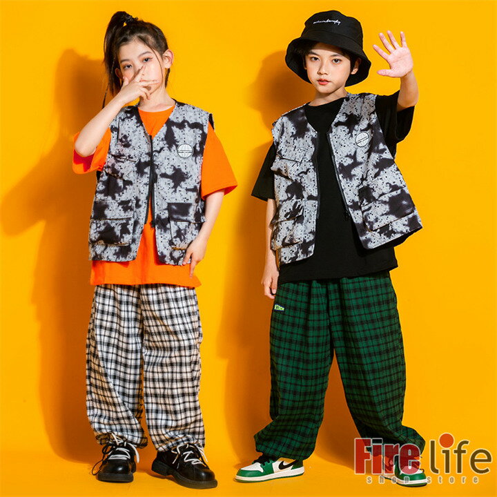キッズダンス衣装 半袖 Tシャツ 格子柄パンツ K-POP ヒップホップ ヒップホップ 子供服 ダンス衣装 キ..