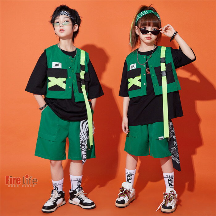 子供ダンス衣装 女の子 男の子 セットアップ 半袖Tシャツ ベスト ハーフパンツ グリーン ヒップホップ hiphop urban イベント 練習着 キッズダンス衣装 送料無料