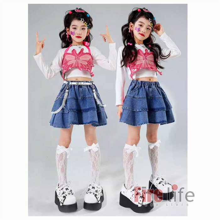 ファイアライフ楽天市場店のキッズ ダンス衣装 蝶々チョッキ チアガール ガールズ ヒップホップ 派手 ピンクデニムチョッキ へそ出し ティアードスカート 長袖トップス ソックス 個性的 K-POP HIPHOP ジャズ 団体服 レッスン着 原宿系 演出服 発表会 ステージ衣装 110〜180cm 送料無料｜アングル2