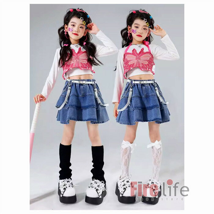 ファイアライフ楽天市場店のキッズ ダンス衣装 蝶々チョッキ チアガール ガールズ ヒップホップ 派手 ピンクデニムチョッキ へそ出し ティアードスカート 長袖トップス ソックス 個性的 K-POP HIPHOP ジャズ 団体服 レッスン着 原宿系 演出服 発表会 ステージ衣装 110〜180cm 送料無料｜アングル3