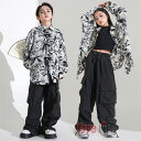 キッズダンス衣装 ヒップホップ セットアップ 花柄シャツ カーゴパンツ ベスト ブラック 長袖 男の子 女の子 子供服 団体服 ステージ衣装 イベント セットア...