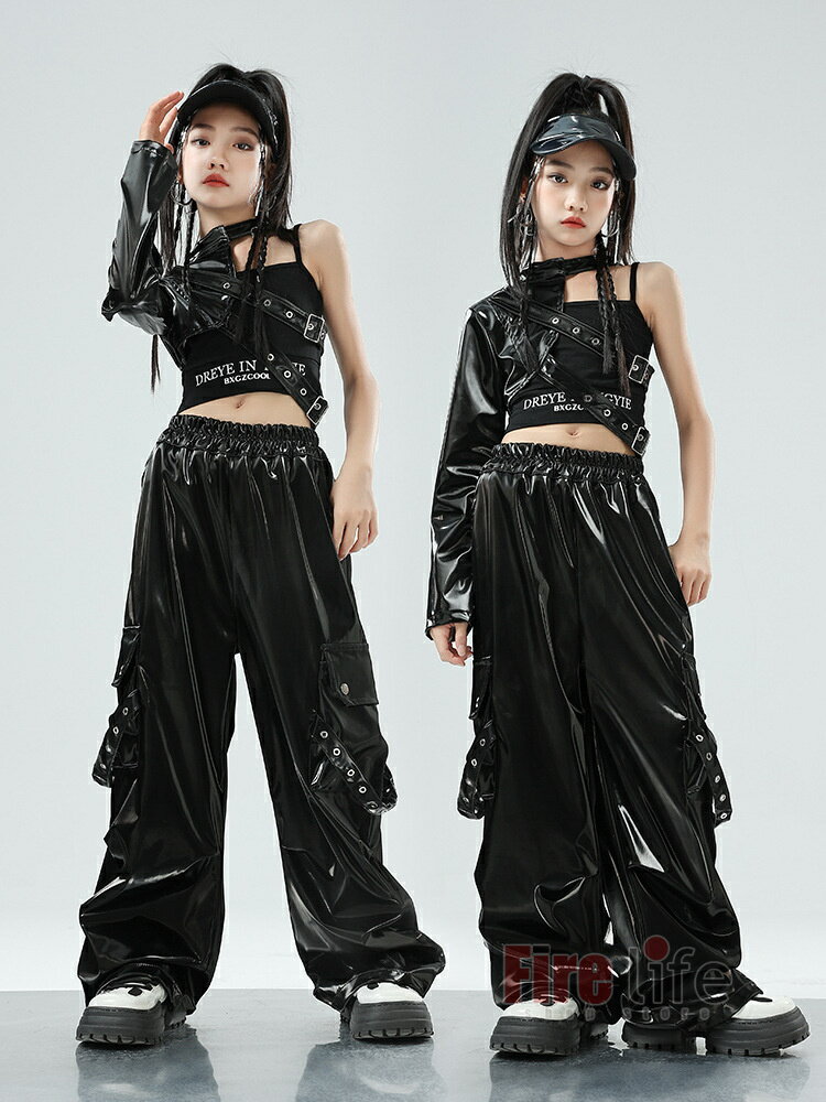 キッズダンス衣装 女の子 PU革 ワンショルダー レザー ガールズ 片袖 ブラック 革パンツ セットアップ コスチューム 黒 タンクトップ へそ出し お洒落 かっこいい チアダンス ヒップホップ 団体服 hiphop kpop 韓国 子供服 演出服　応援団 120-180cm 2