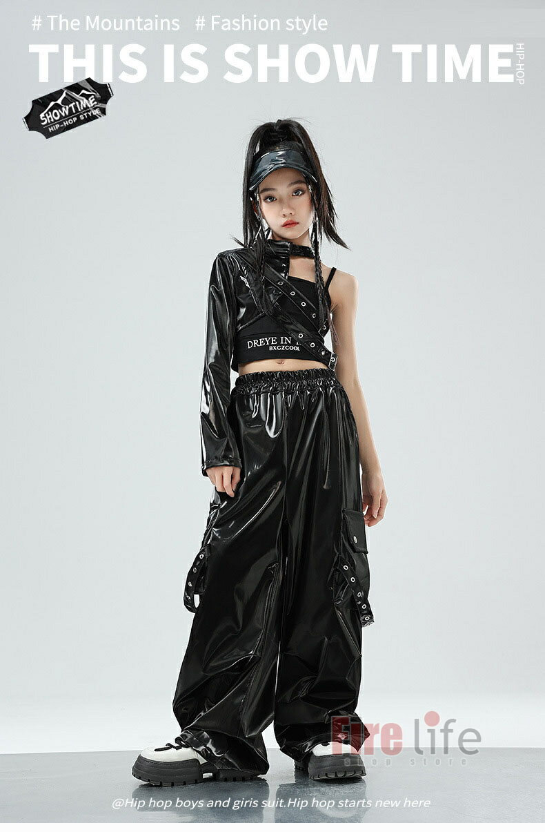 キッズダンス衣装 女の子 PU革 ワンショルダー レザー ガールズ 片袖 ブラック 革パンツ セットアップ コスチューム 黒 タンクトップ へそ出し お洒落 かっこいい チアダンス ヒップホップ 団体服 hiphop kpop 韓国 子供服 演出服　応援団 120-180cm 3
