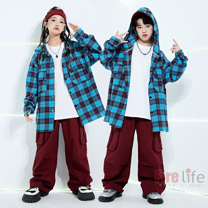 キッズダンス衣装 ブルーチェックシャツ カーゴパンツ ワイン 長袖 フード付き おしゃれ HIPHOP 男の子..