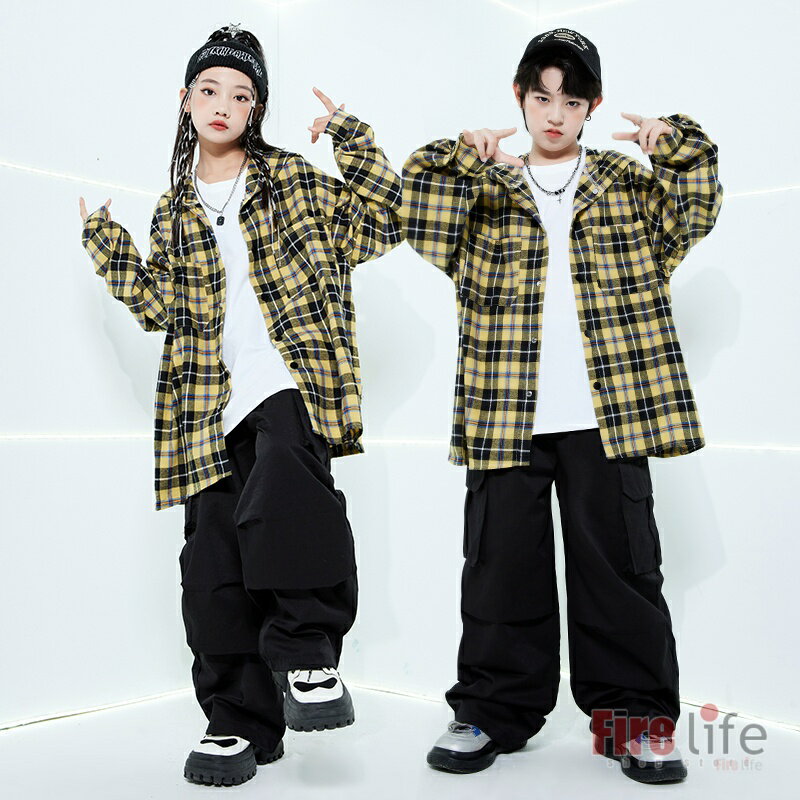 キッズダンス衣装 子供服 チェック柄 イエロー 長袖シャツ ブラックカーゴパンツ セットアップ fフード..