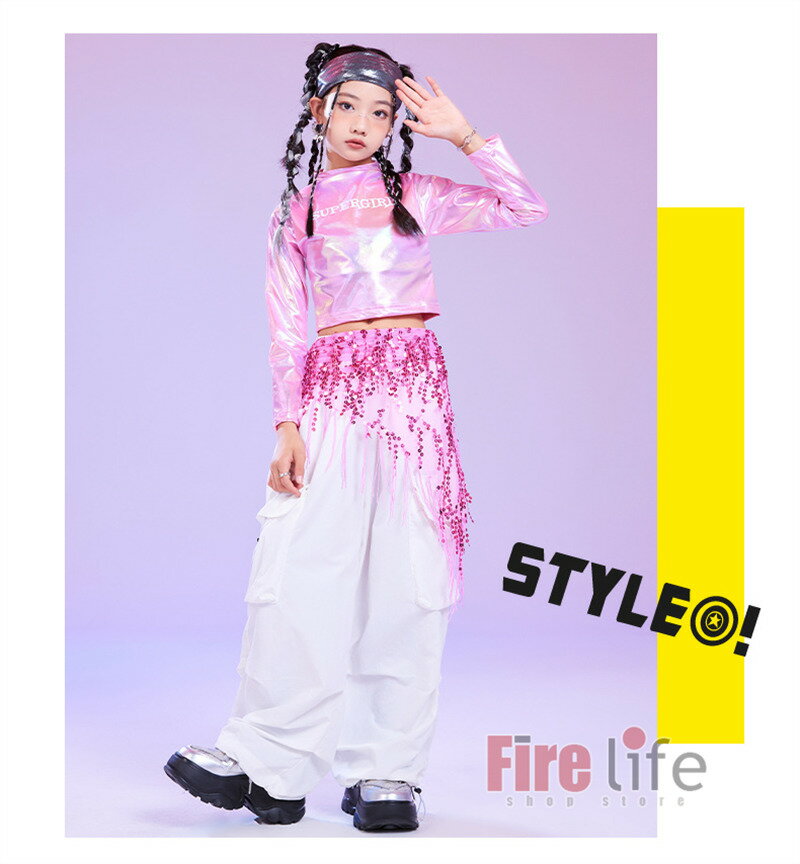 キッズダンス衣装 ピンク トップス チアガール へそ出し ピンクスパンコール 長袖 ホワイト ロングパンツ セットアップ HIPHOP 女の子 ヒップホップ ジャズダンス k-pop ステージ衣装 発表会 団体服 110-180cm