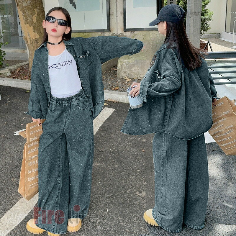 Rakuten - キッズダンス衣装 デニムセット 女の子 上下セット 長袖ジャケット デニムパンツ HIPHOP ヒップホップ ジャズダンス 着痩せ練習着 派手 ステージ衣装 韓国 k-pop衣装 120〜170cm 送料無料